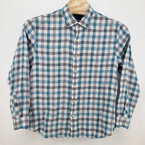 Tommy Bahama 100% Linen Shirt Mens Large Plaid Button Up Long Sleeve Green Gray - Picture 2 of 9